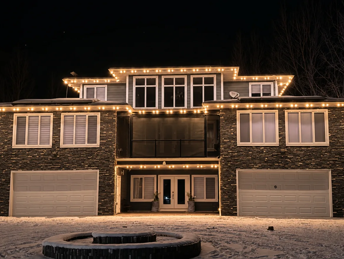 The house at night, roofline lit in warm white